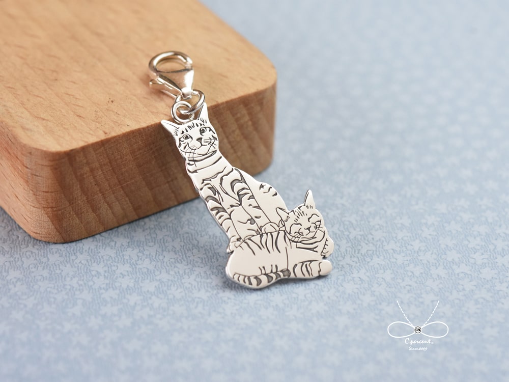 【客製化】Teruyuki K 兩隻貓咪 寵物肖像項鍊 | 925純銀 手繪插畫 可愛動物 手工銀飾