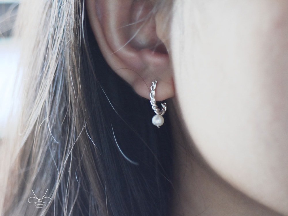珍珠麻花捲  | 純銀耳環 圈式耳環 簡約 手工銀飾