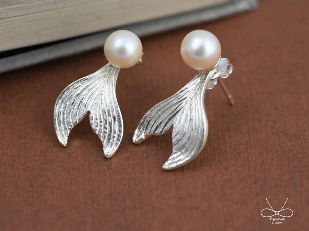 美人魚尾巴 | 純銀耳環 珍珠耳環 2件式 手工銀飾 - 飾品圖片第2張