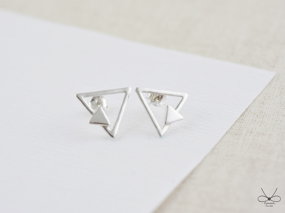 裸系 - 三角形耳環 | 925純銀 女款 可改夾式 簡約 手工銀飾 - 飾品圖片第3張
