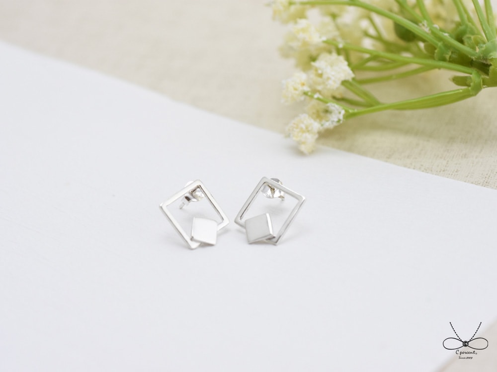 裸系 - 正方形 雙幾何 (925純銀耳環、銀飾) - 飾品圖片第3張