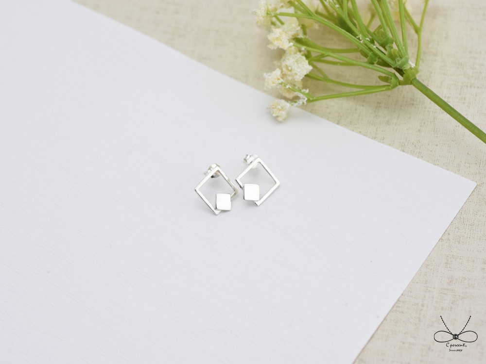 裸系 - 正方形 雙幾何 (925純銀耳環、銀飾) - 飾品圖片第4張