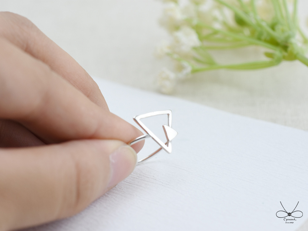 裸系 - 三角形戒指 雙幾何 | 925純銀 細戒 簡約 手工銀飾 - 飾品圖片第2張