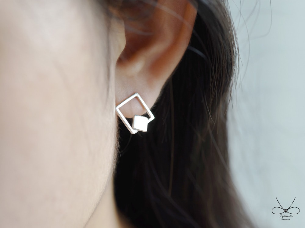 裸系 - 正方形 雙幾何 (925純銀耳環、銀飾) - 飾品圖片第5張