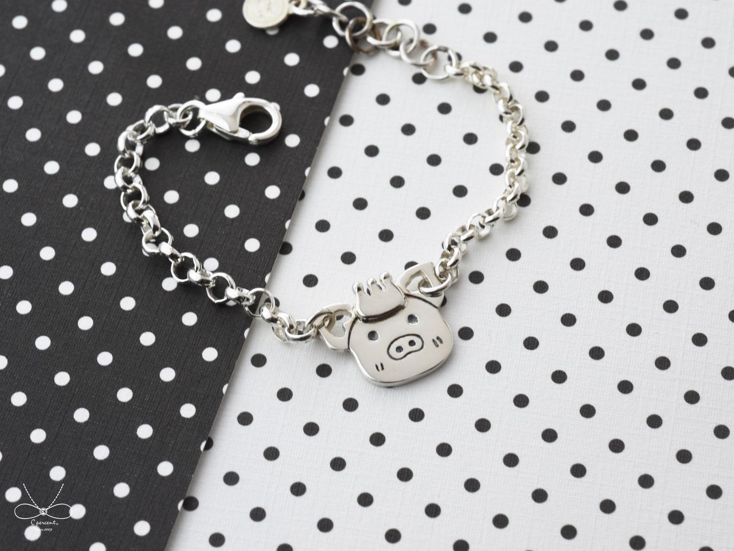 小豬 - 小朋友手鍊 | 925純銀 寶寶週歲禮 可愛動物 手工銀飾 - 飾品圖片第2張