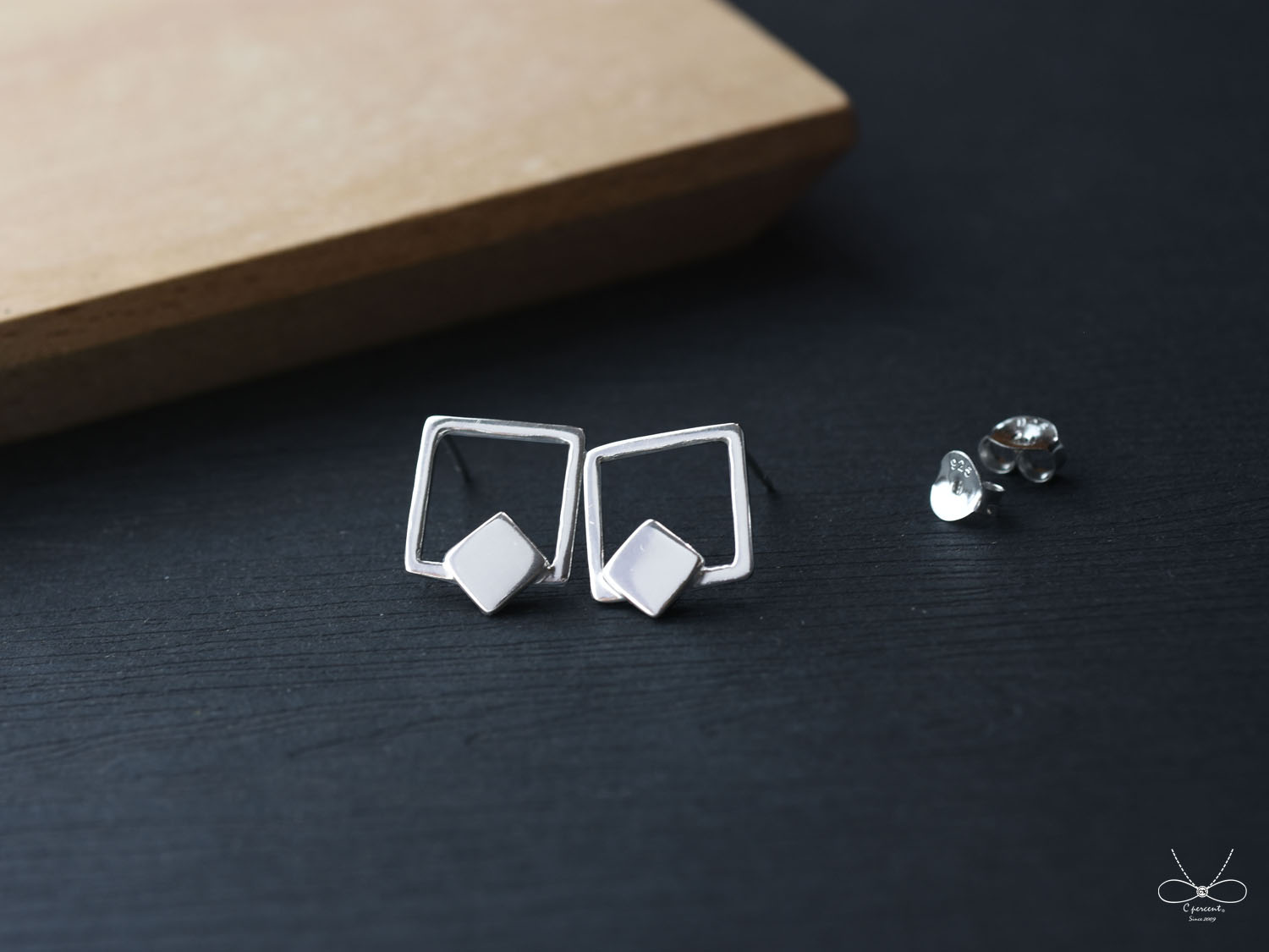 裸系 - 正方形 雙幾何 (925純銀耳環、銀飾) - 飾品圖片第2張