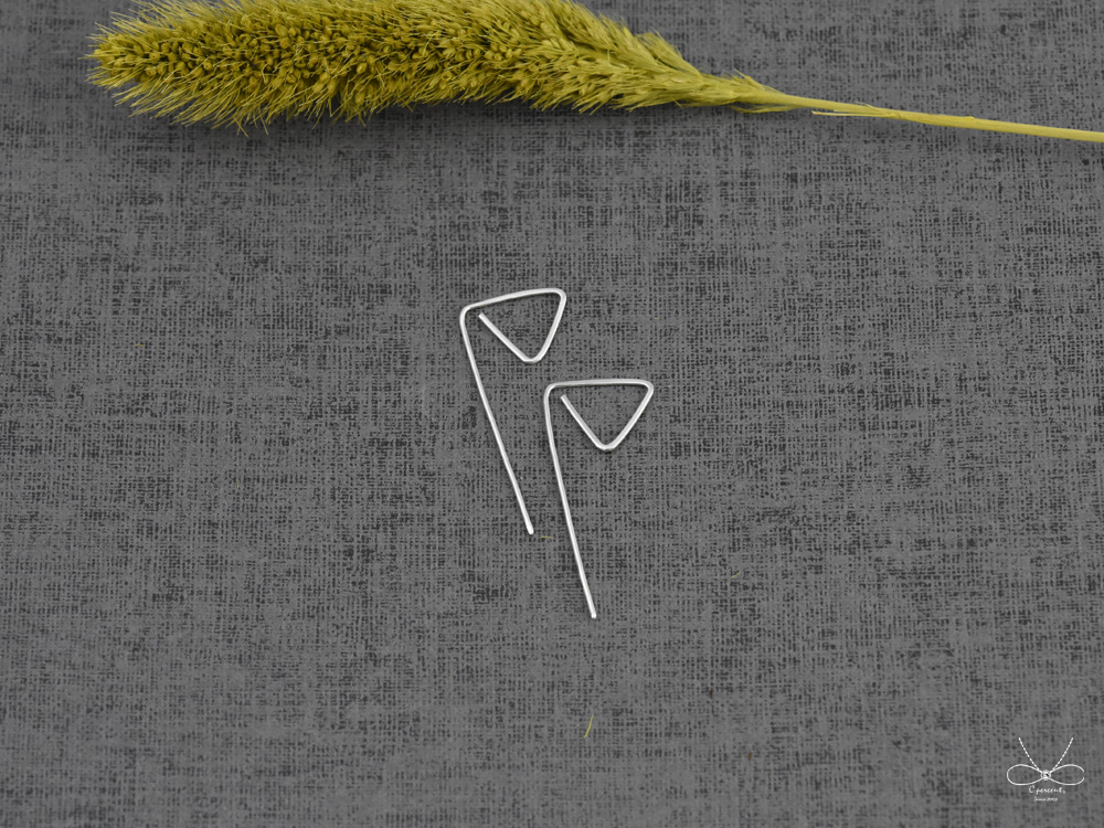 三角形 迴紋針式耳環 (925純銀 女款 幾何 簡約 手工銀飾) - 飾品圖片第2張