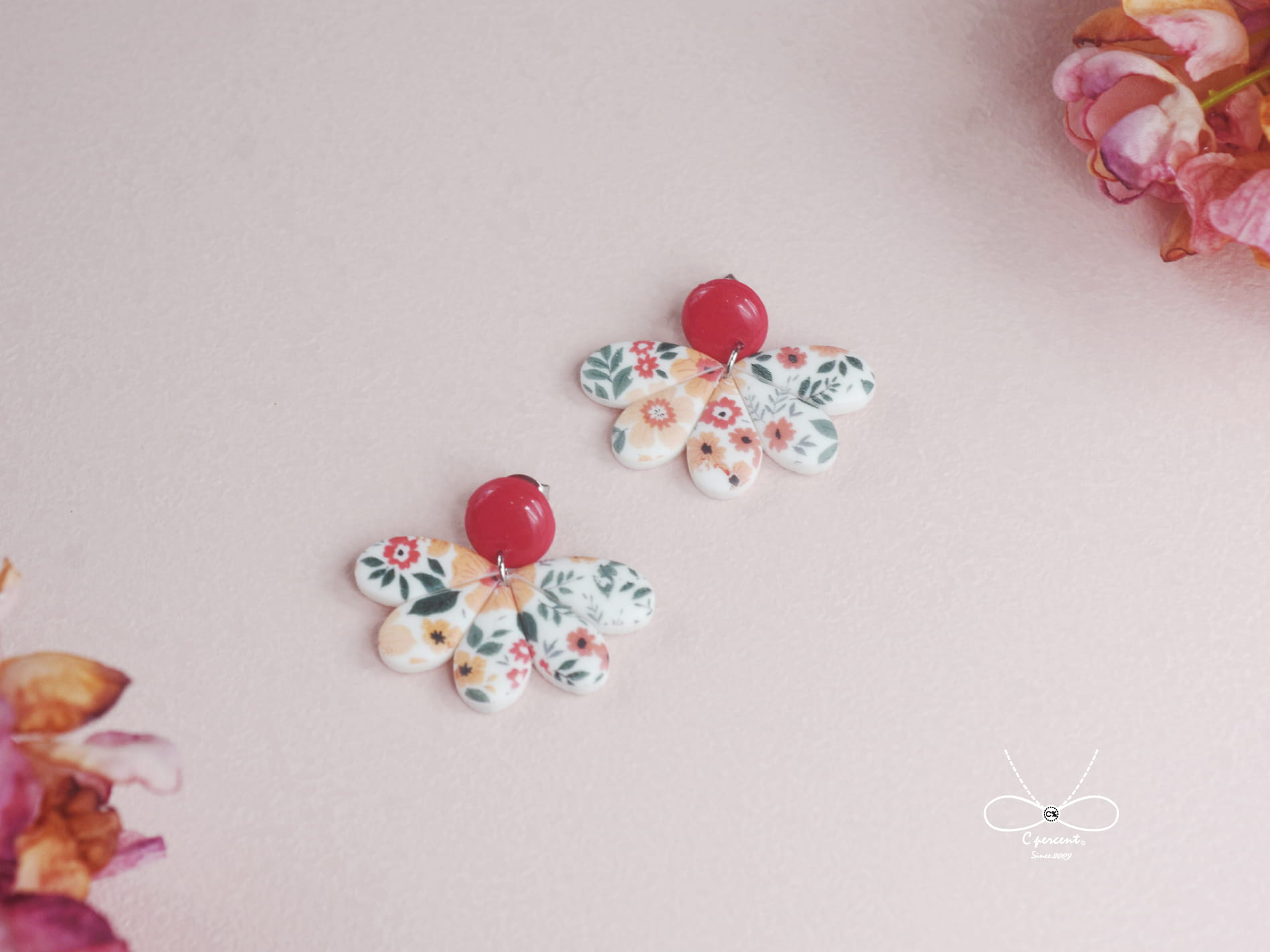 春天花團錦簇 | 母親節禮物 手工軟陶耳環 耳針式 春天耳環