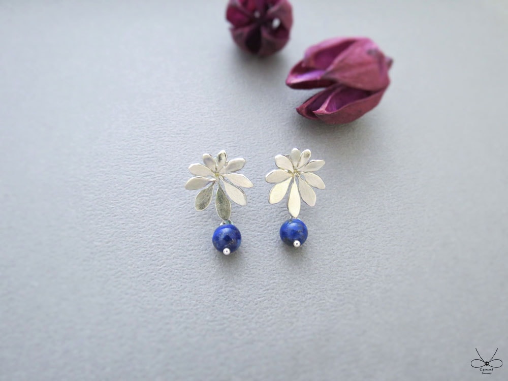 鵝掌藤有青金石 | 純銀耳環 輕珠寶 手工銀飾 - 飾品圖片第4張